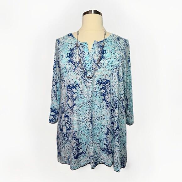 Cynthia Rowley Tops - Cynthia Rowley Tunic Women’s Size 3X Blue & Aqua Paisley Blouse Lace Hem